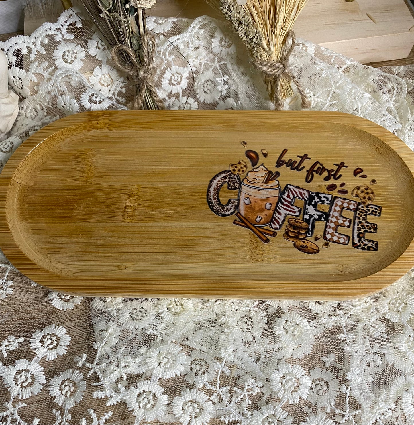 Petit plateau ovale bois décoré
